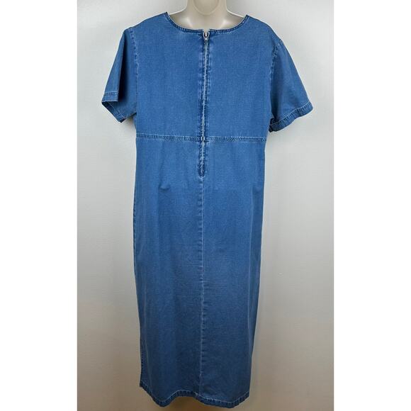 Vintage Christopher & Banks Denim Dress Midi Short Sleeve Medium Modest Church - Picture 3 of 11